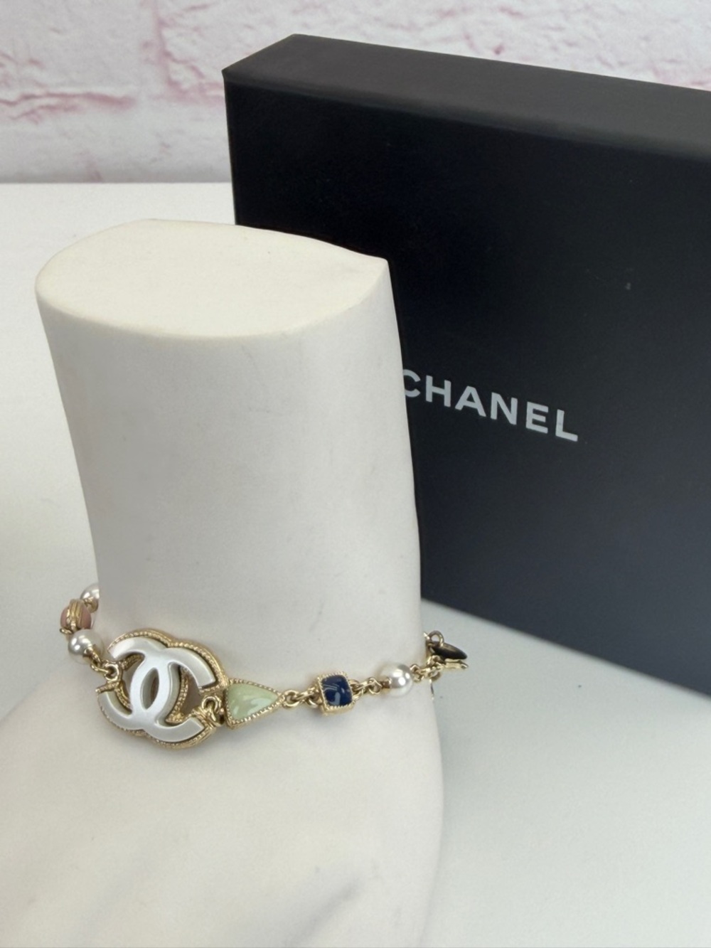 Chanel Pearl Enamel CC Bracelet Green Blue Pink